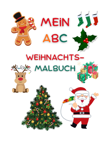 AMAZON KINDLE Weihnachtliches ABC-Malbuch mit Gingerbread, Rudolph, Weihnachtsbaum und Santa Claus.